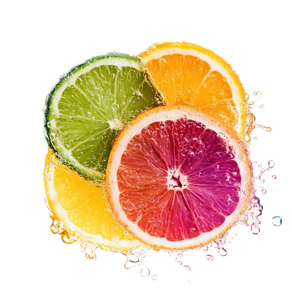 Refreshing Citrus Medley with Vibrant Fruit Slices and Splashing Water png
