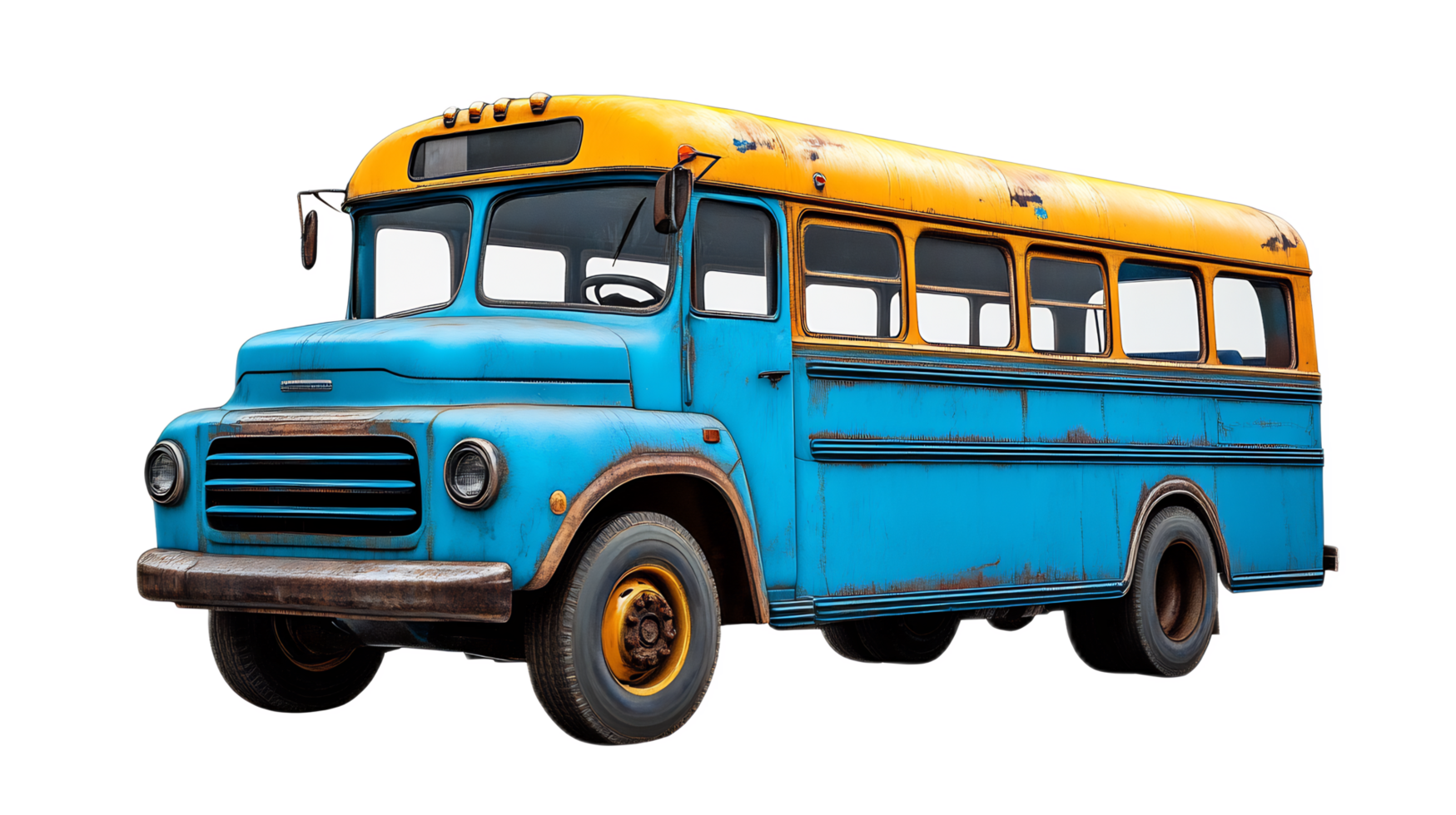 Retro Yellow and Blue School Bus on Countryside Roadway Journey png