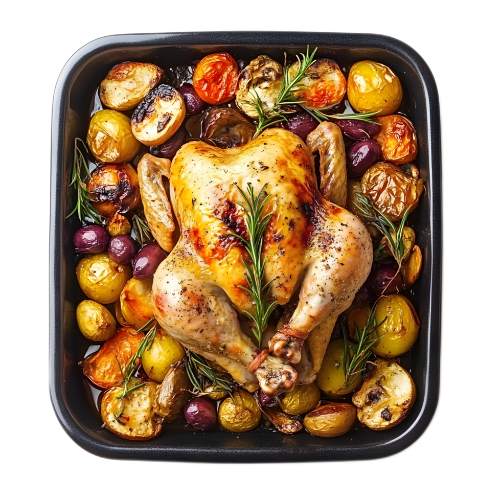 Roast Chicken with Roasted Potatoes and Vegetables A Delicious Thanksgiving or Holiday Dinner Centerpiece png