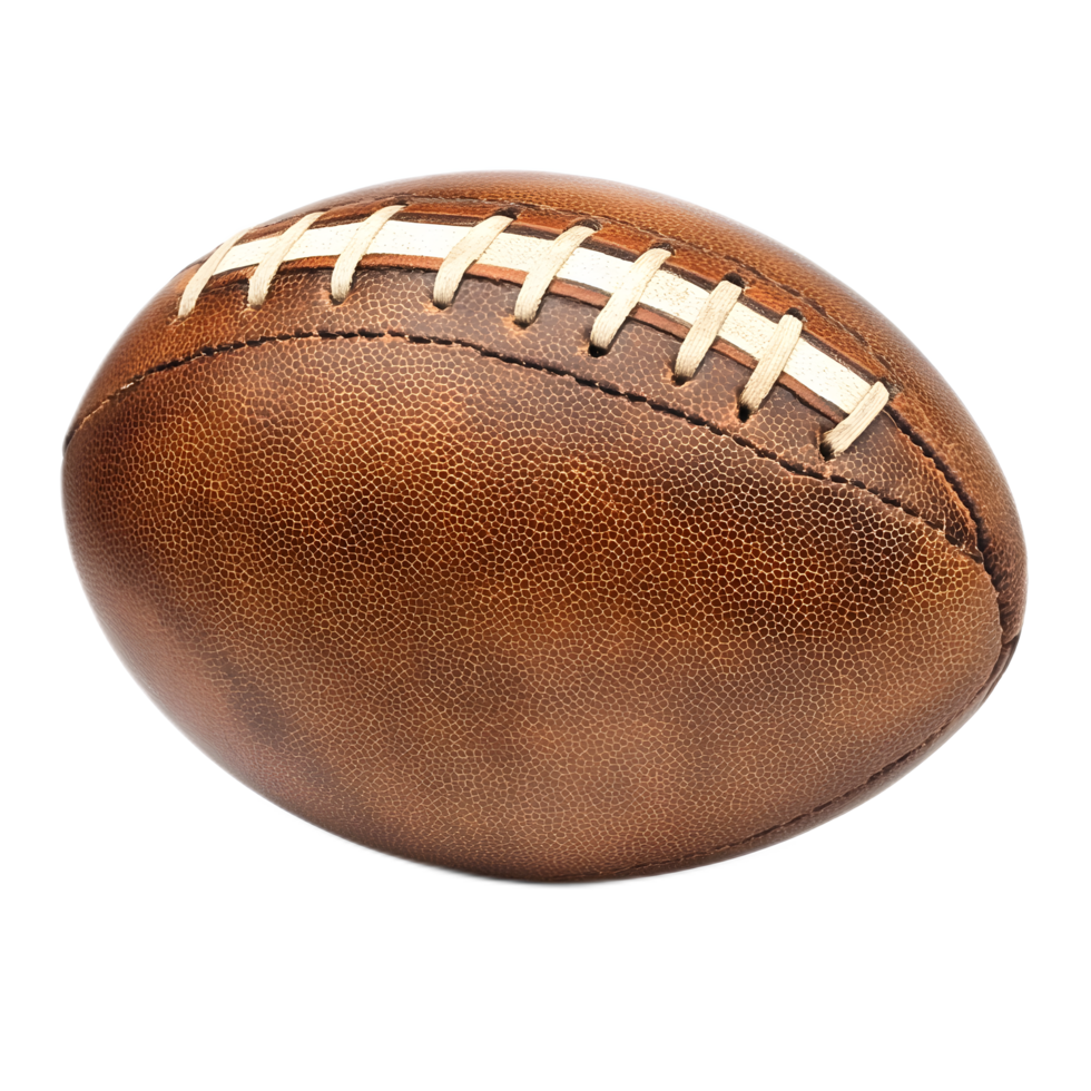 Close up view of a brown leather American football or rugby ball with white laces on a plain background png
