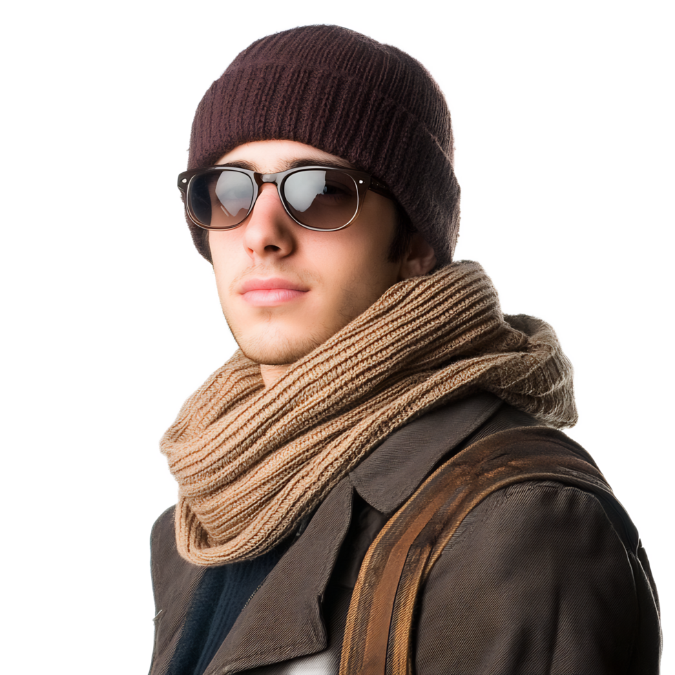 Rugged Adventurer Braving the Winter Chill in Stylish Attire png