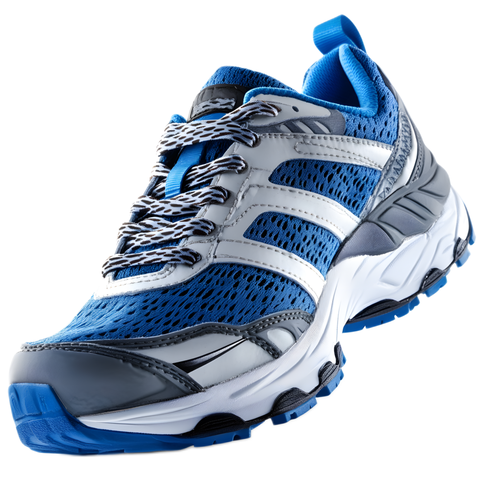 Blue and Gray Running Shoe with Cushioned Sole Laces and Tread Pattern for Fitness and Athletics png