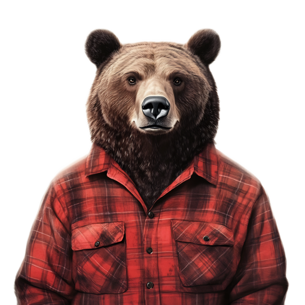 Rugged Anthropomorphic Bear in Red Plaid Lumberjack Shirt Showcasing Strength and Power in Outdoor Adventure png