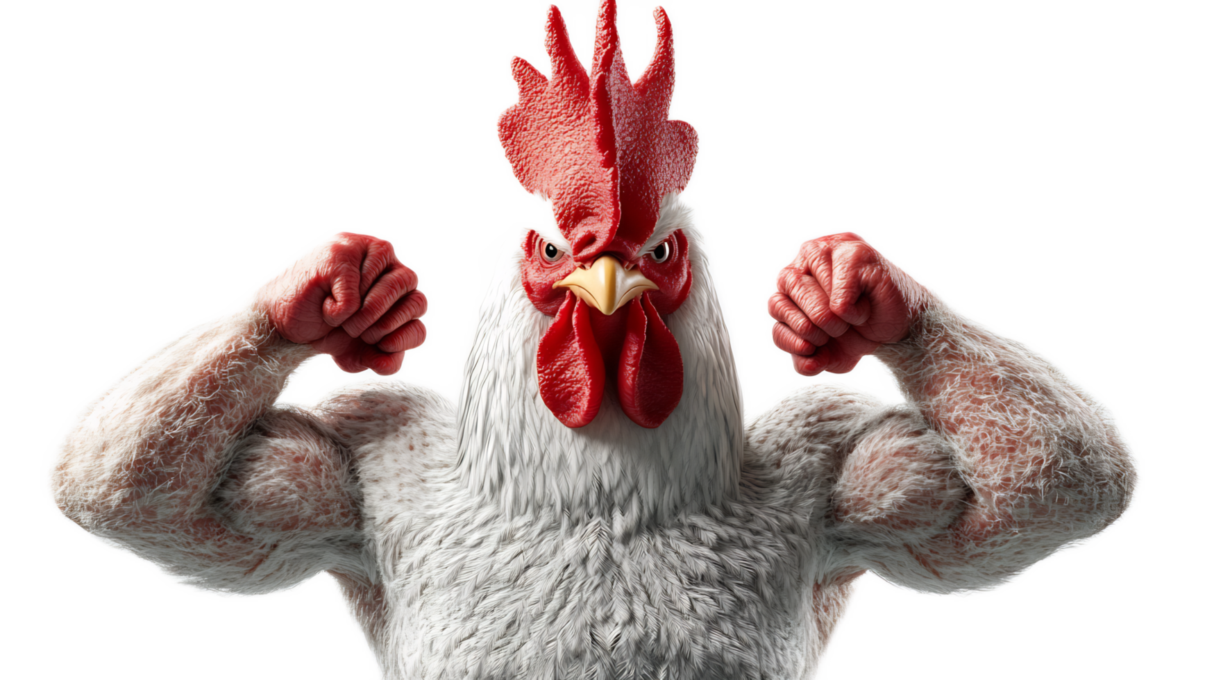 Powerful Rooster Flexing Arms in Fighting Pose Symbolizing Strength and Aggression png