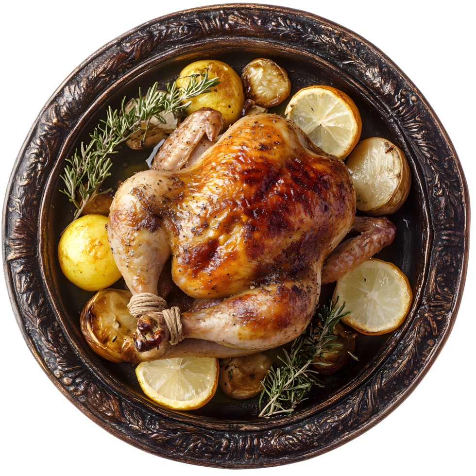 Appetizing Roast Chicken Dish with Lemon and Herbs Served on Rustic Wooden Plate png