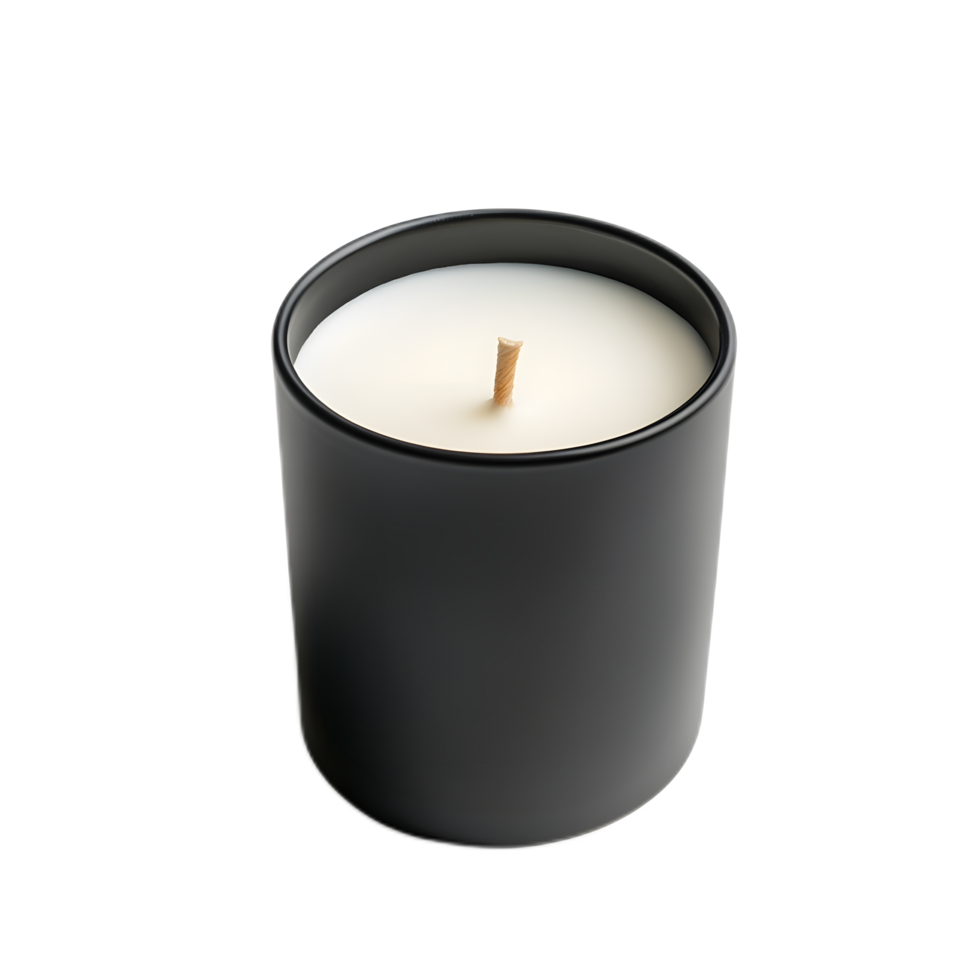 Minimalist Scented Candle Burning in Black Container Offering Calming Ambiance and Luxurious Relaxation png