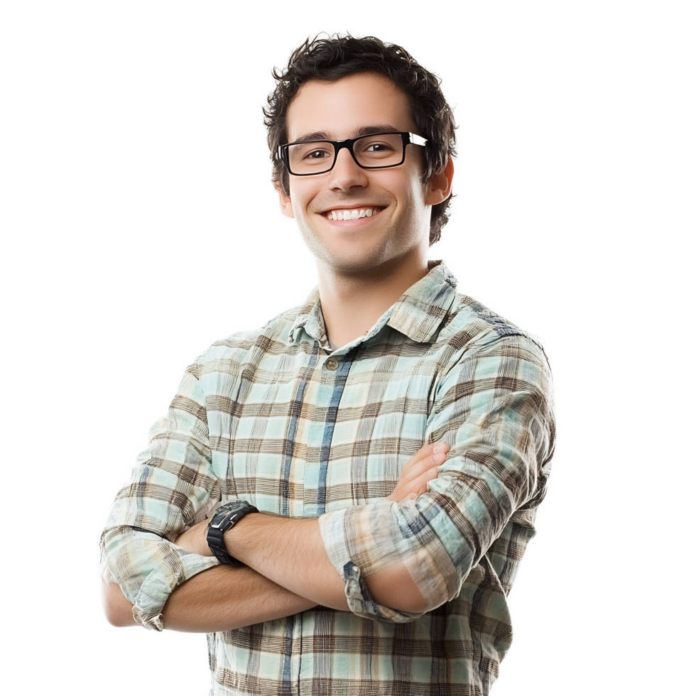 Smiling Confident Man in Plaid Shirt Posing for Professional Portrait png