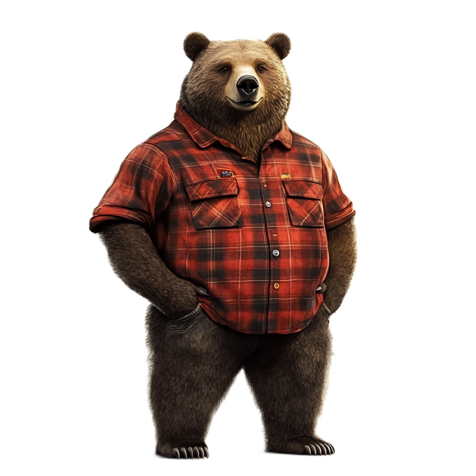 Smiling Anthropomorphic Bear in Lumberjack Flannel Shirt Sitting in Woods png