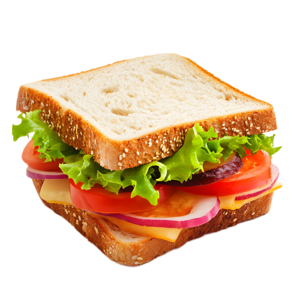 Close up View of Delicious Homemade Sandwich with Fresh Vegetables and Savory Ingredients png