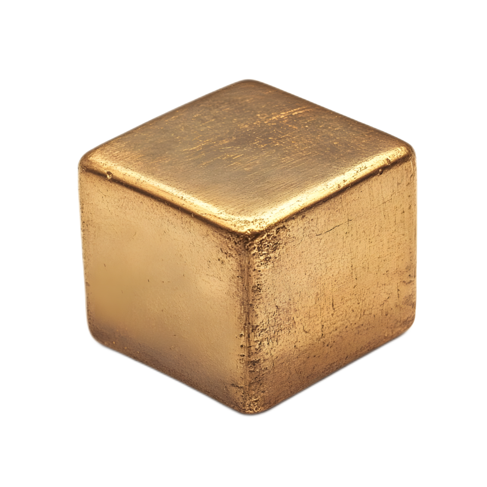 Shiny golden metallic geometric cube on plain background png