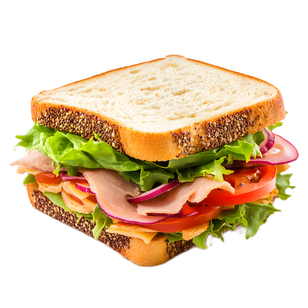 Delicious and Colorful Sandwich with Fresh Ingredients on Brown Bread png