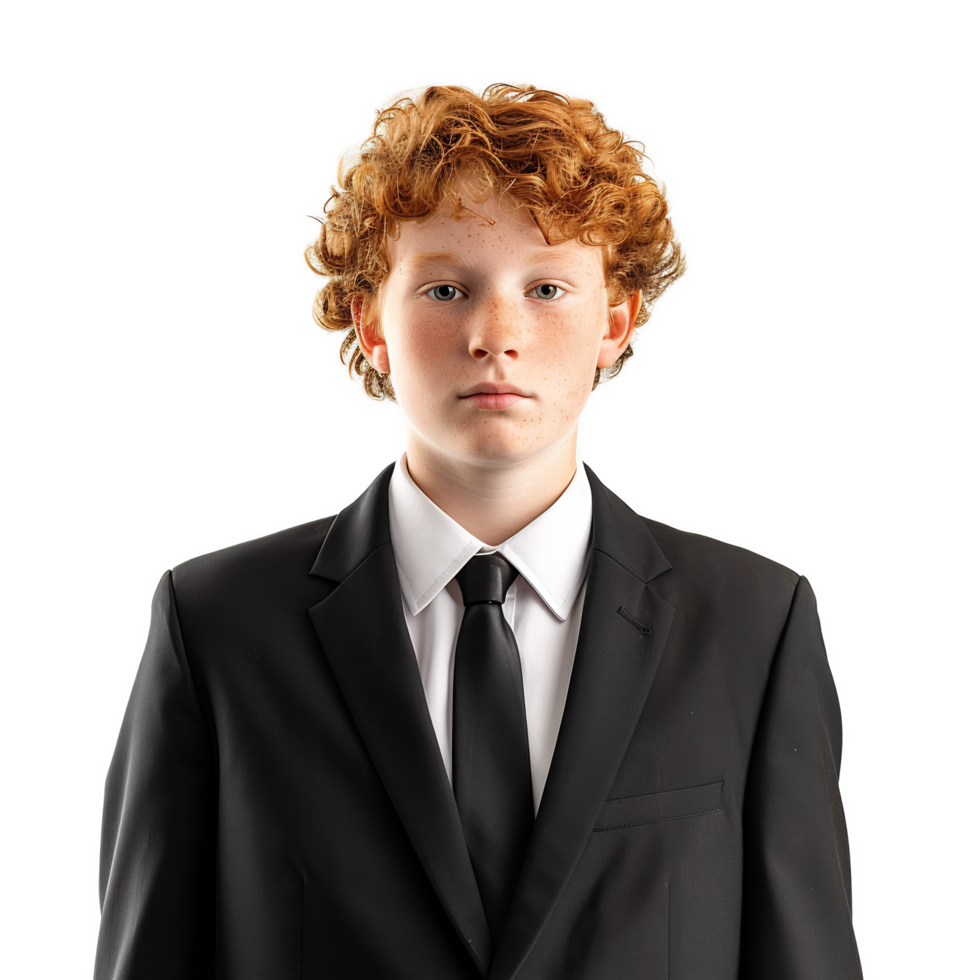 Serious Young Ginger-Haired Boy in Formal Business Suit Looking Thoughtful and Confident png