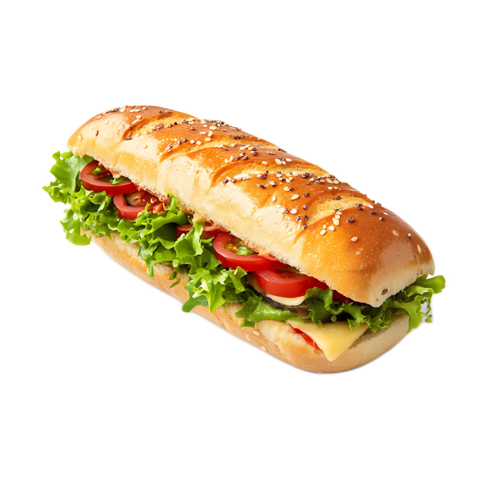 Freshly Baked Sandwich with Crisp Lettuce Juicy Tomatoes and Crunchy Cucumbers on a White Background png