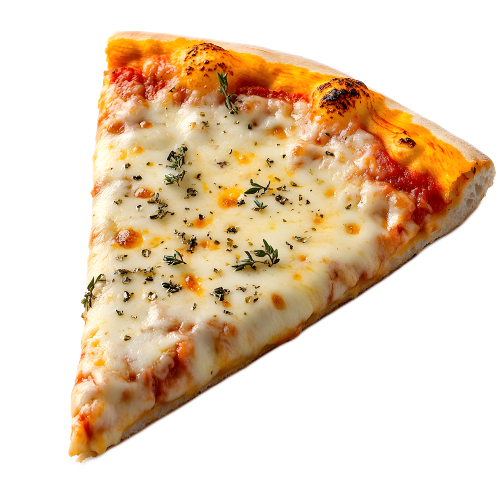 Mouthwatering Slice of Melted Cheese and Veggie Topped Pizza on White Background png