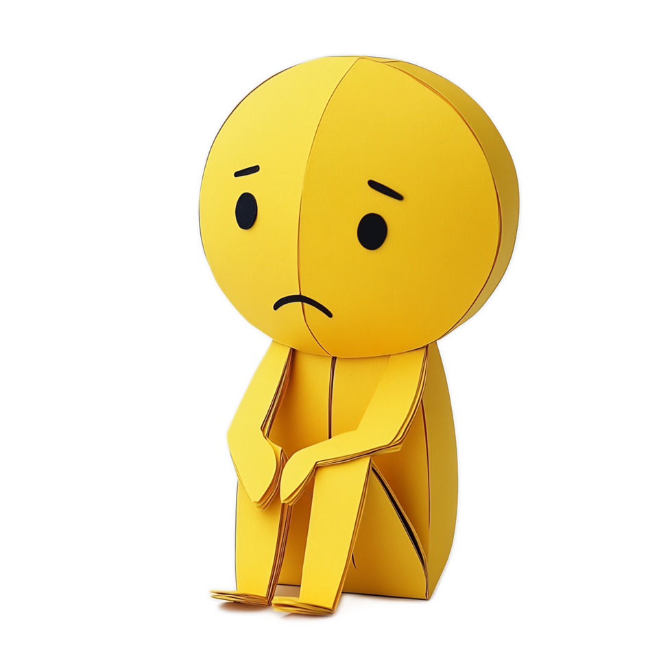 Sad Papercraft Character with Sullen Demeanor and Contemplative Pose in Minimalist 3D Rendering png