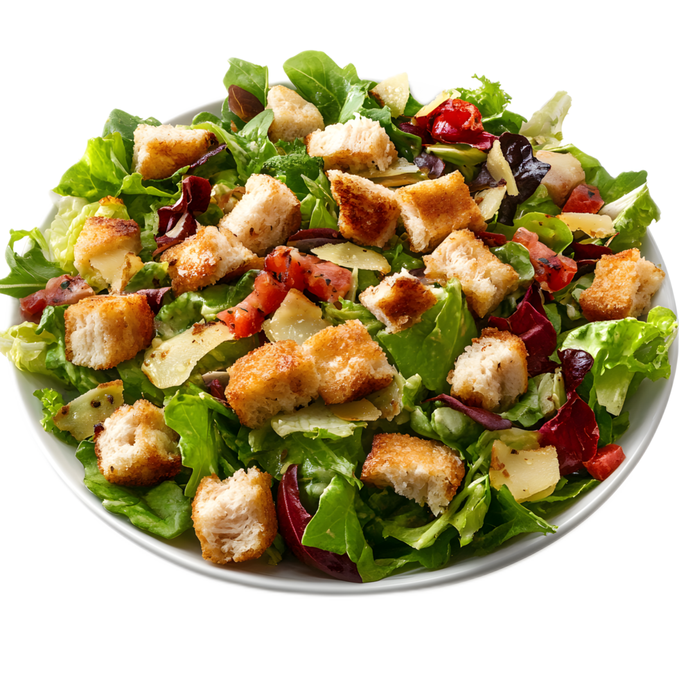 Freshly Prepared Salad with Assorted Vegetables and Croutons in a Bowl on the Dining Table png