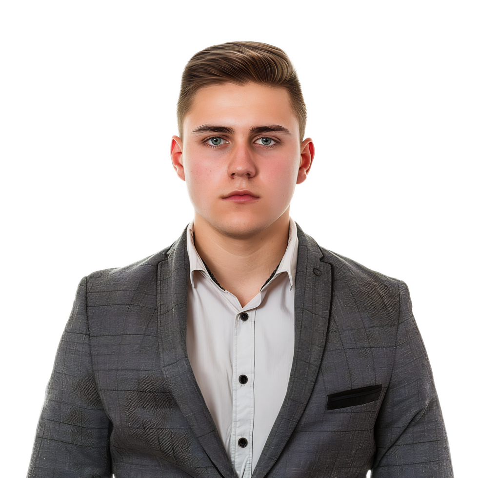 Serious young businessman in a gray suit and tie looking directly at the png