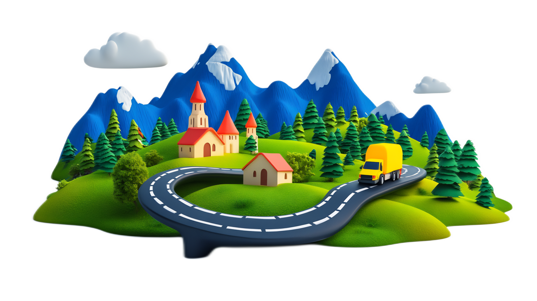 Serene Countryside Landscape with Winding Road,Village,and Snow-Capped Mountains png