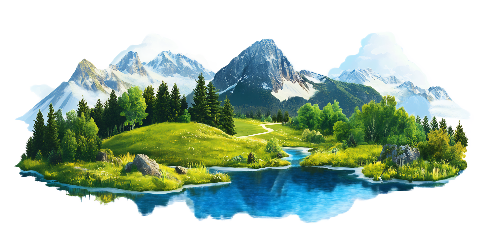 Serene Mountain Landscape with Flowing River and Lush Greenery png