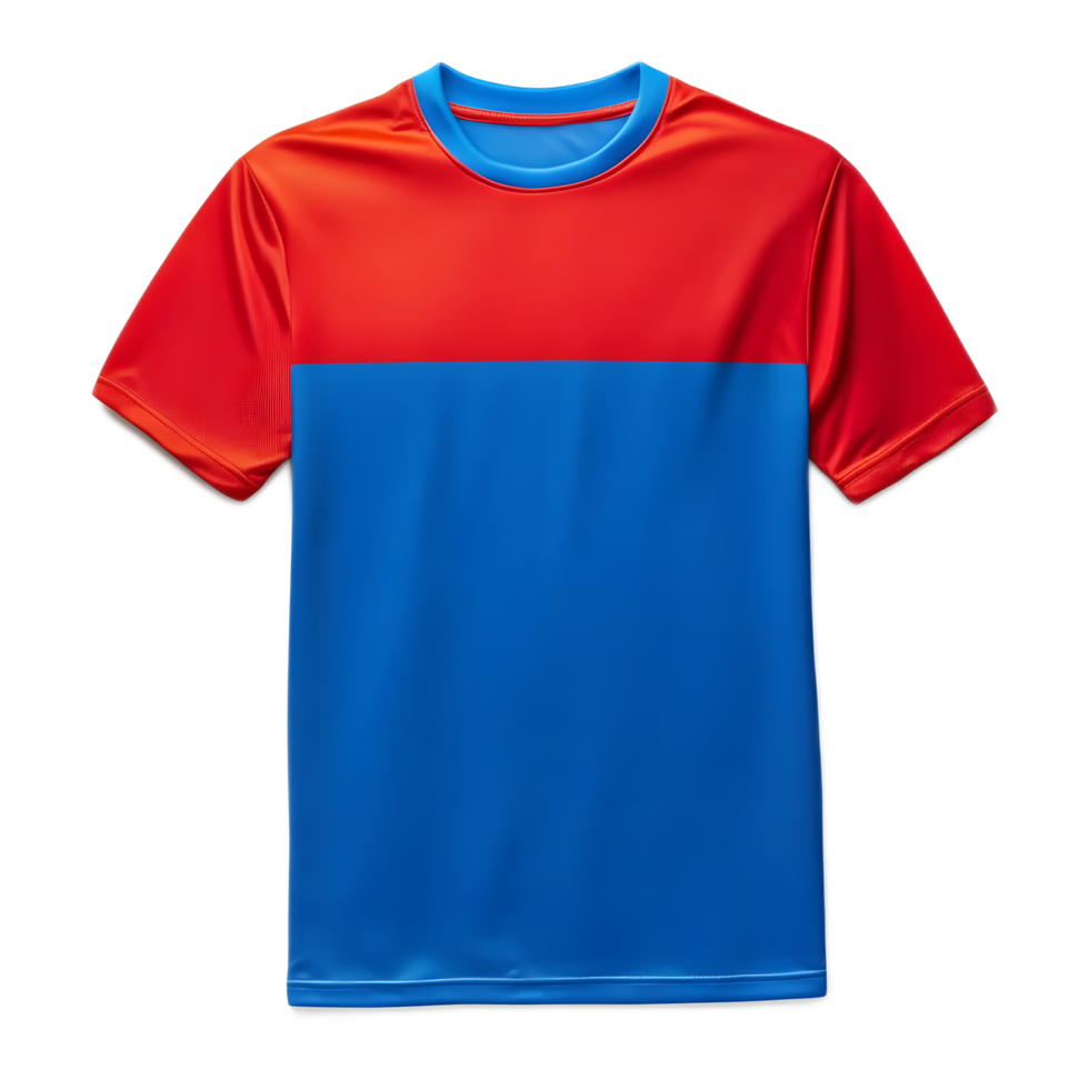 Vibrant Soccer Jersey with Contrasting Red and Blue Color Blocks and Graphic Design png