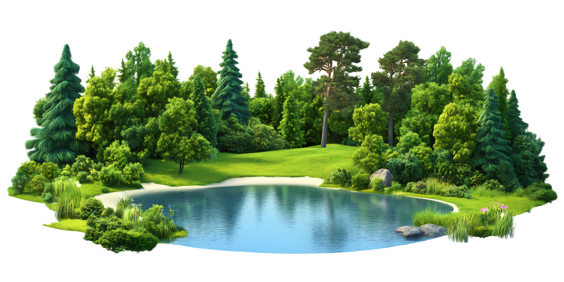 Serene Forest Landscape with Tranquil Lake Surrounded by Lush Greenery and Vegetation png