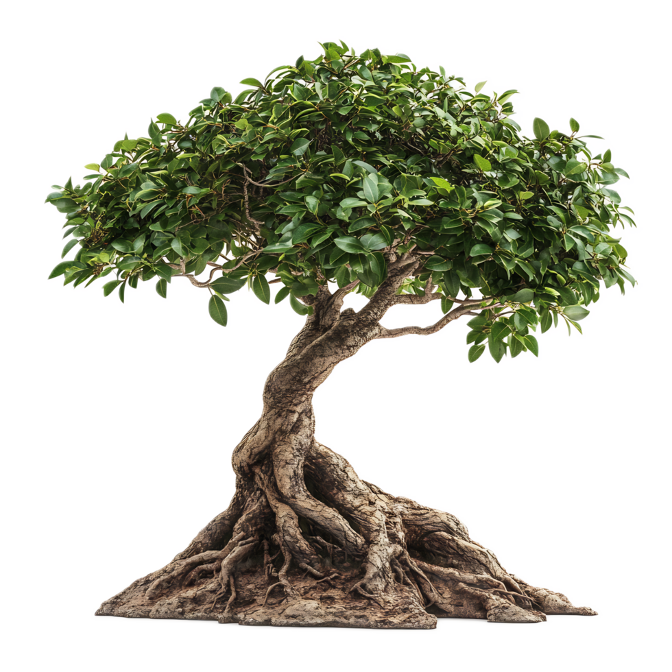 Stunning Bonsai Tree with Intricate Roots and Lush Foliage in Natural Setting png