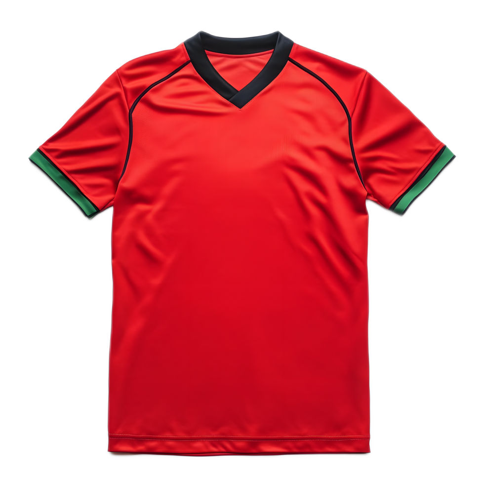 Red Soccer Jersey with Black and Green Trim Ideal for Sports Branding Merchandising and Uniform Design Mockups png
