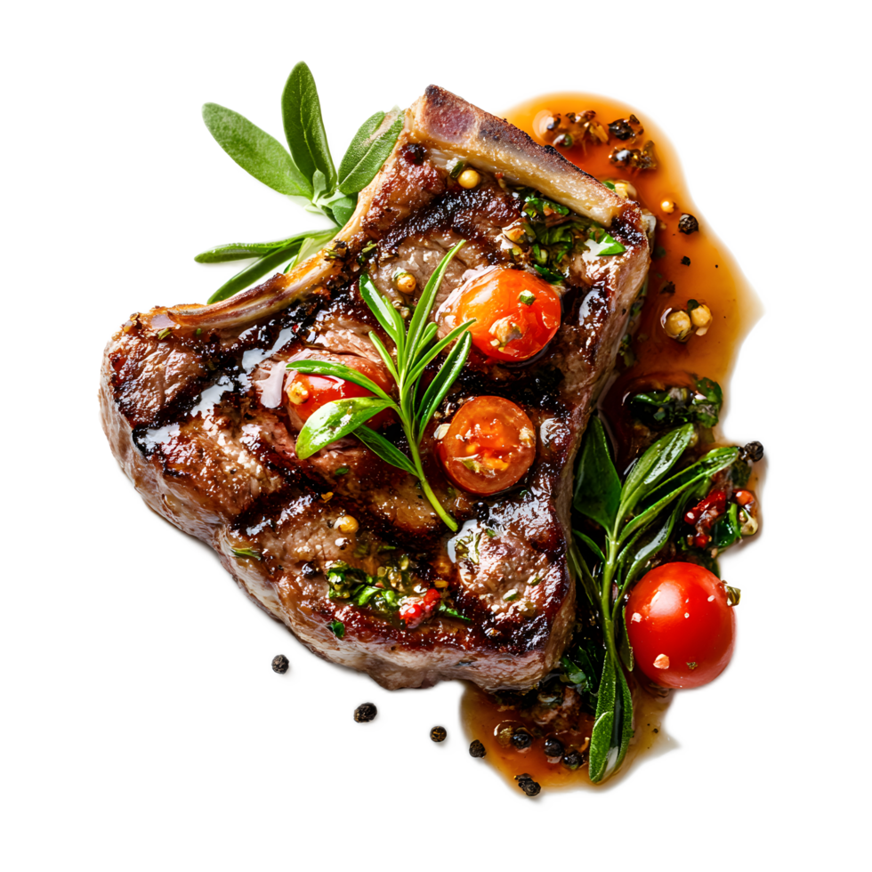 Seared Steak with Roasted Tomatoes and Fresh Herbs on Rustic Plate png
