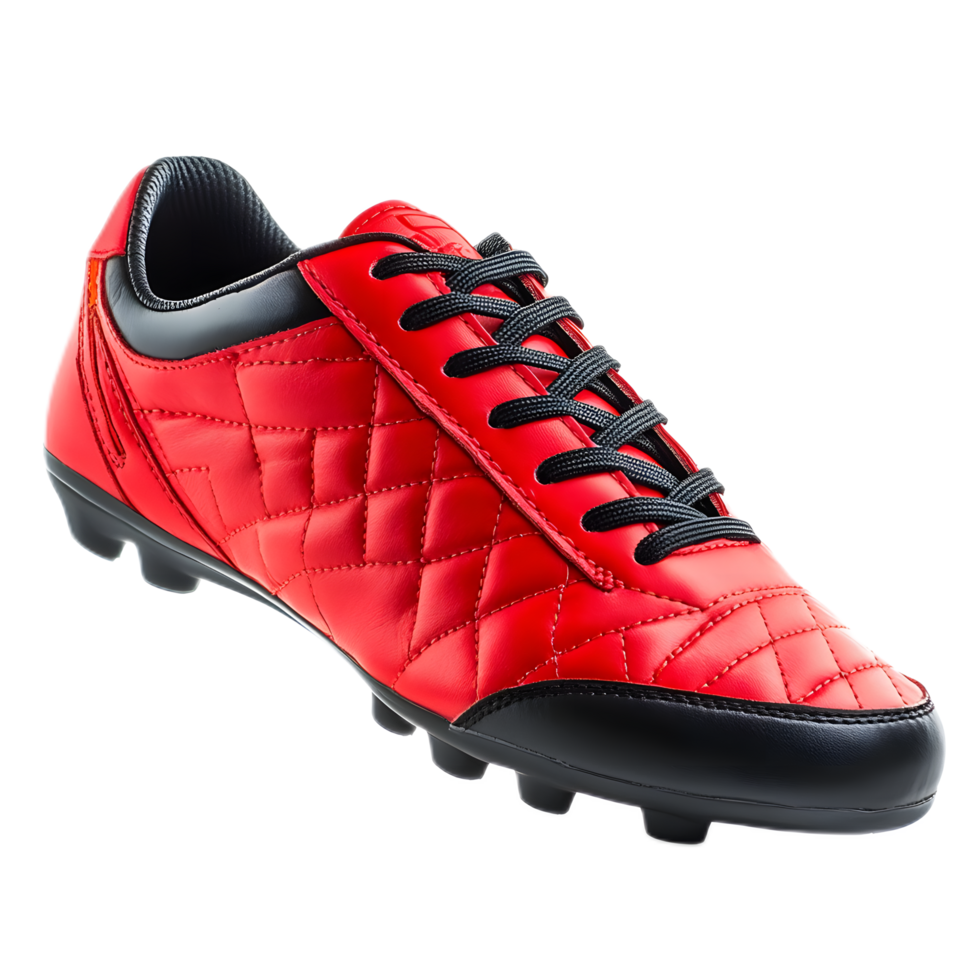 Red and Black Soccer Shoe with Cleats and Laces for Athletic Competition png