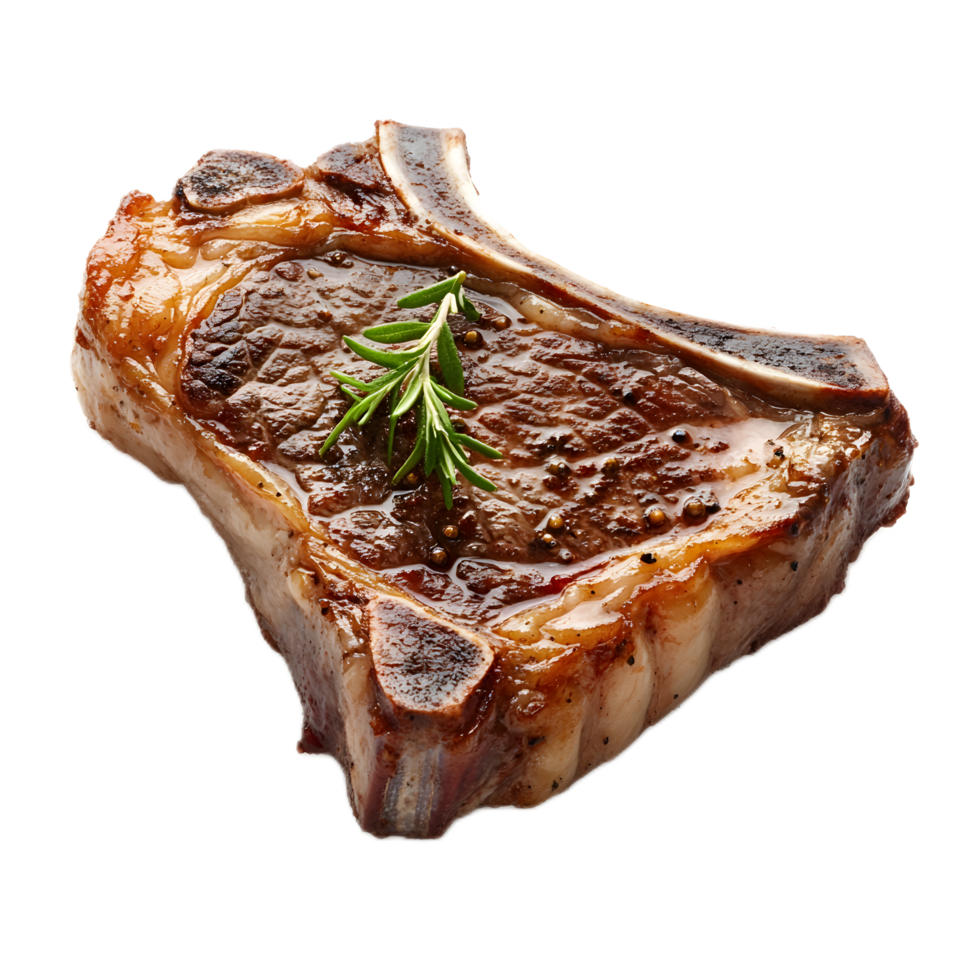Seared Juicy Ribeye Steak with Aromatic Herbs on Rustic Wooden Plate png
