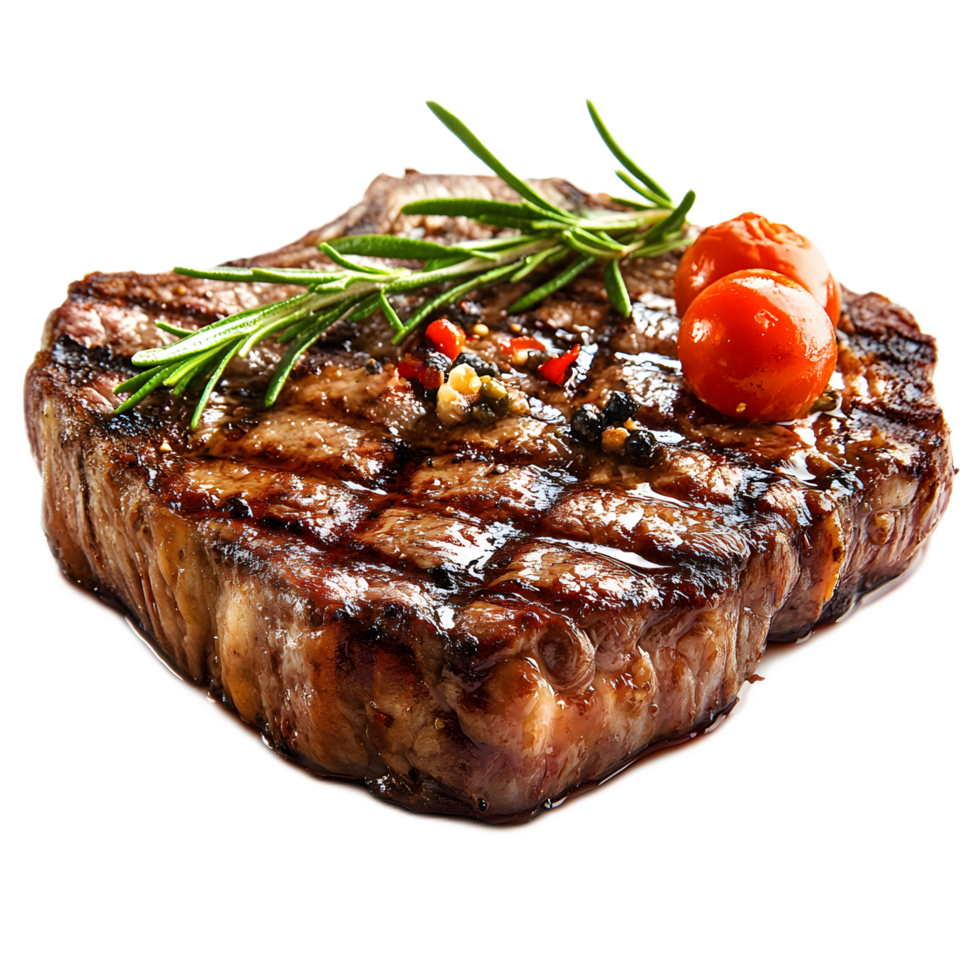 Juicy Seared Steak Garnished with Rosemary and Fresh Tomato on a Wooden Platter png