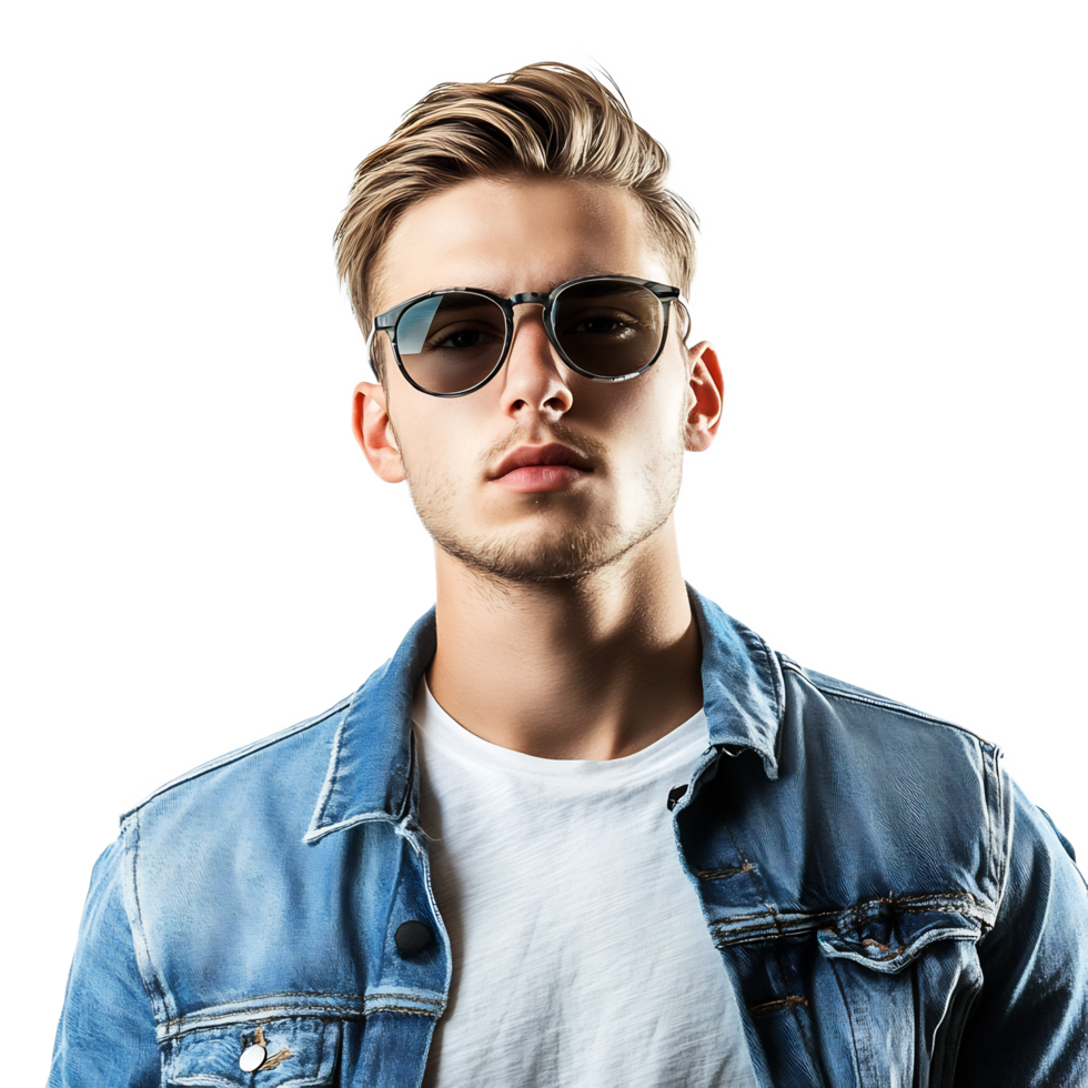 Stylish young man with sunglasses in denim jacket posing for fashion portrait png