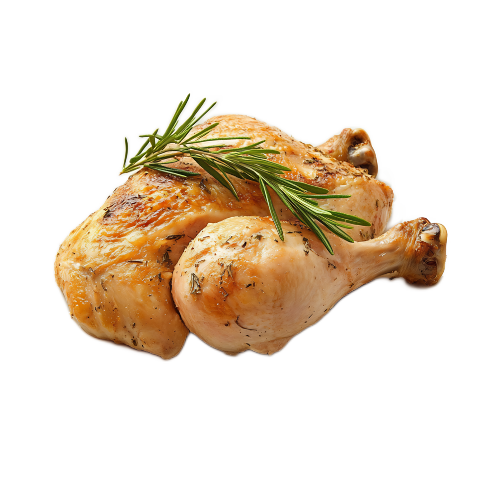 Succulent Roasted Chicken with Aromatic Rosemary Garnish on a Rustic Wooden Platter png