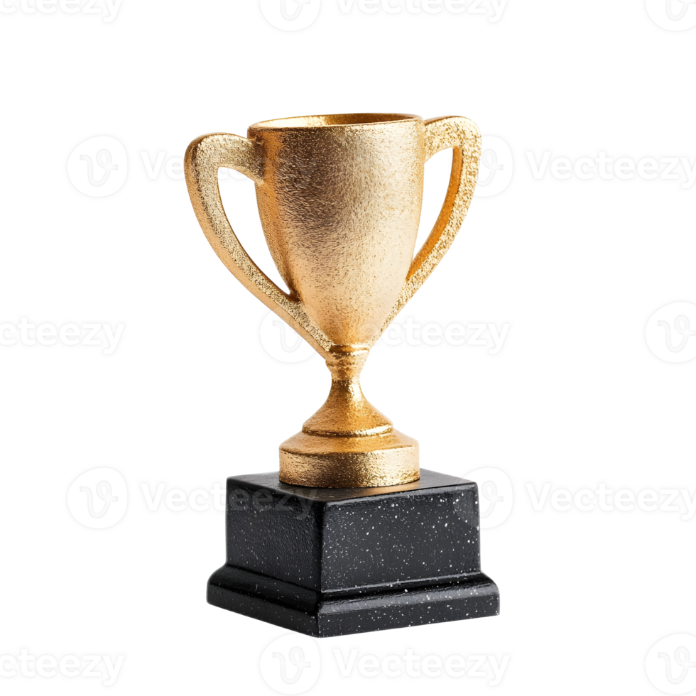 Golden trophy on black podium representing achievement victory and success in a competition or event png