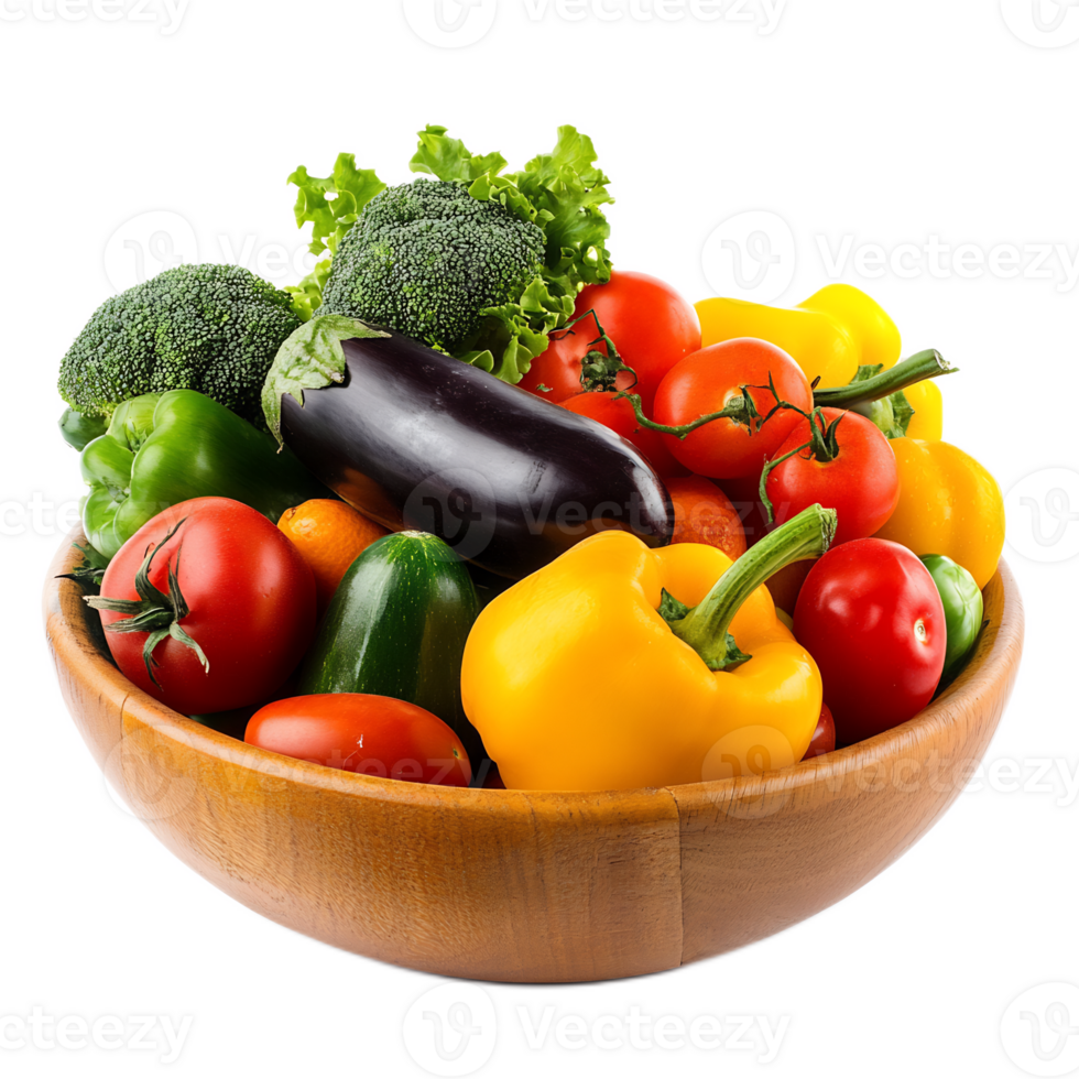Vibrant Assortment of Fresh Organic Vegetables in Wooden Bowl png