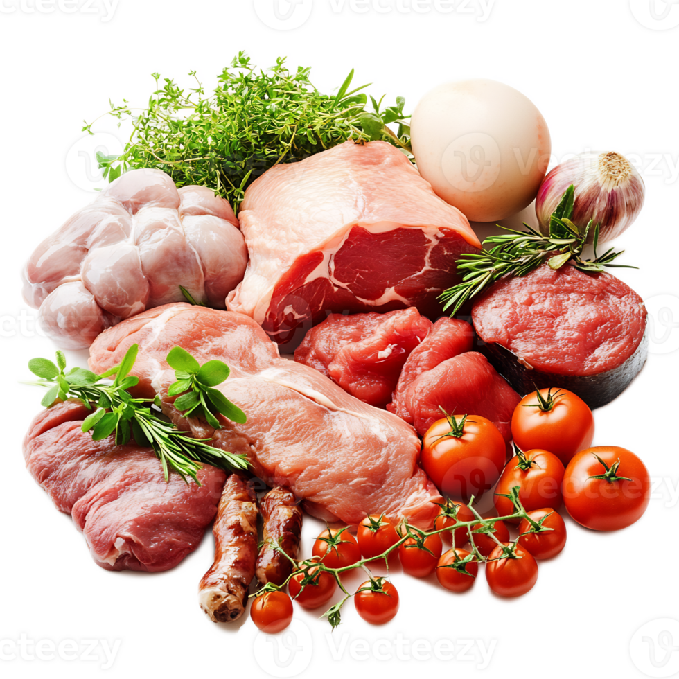 Variety of Fresh Meats,Seafood,Vegetables and Herbs on White Background png