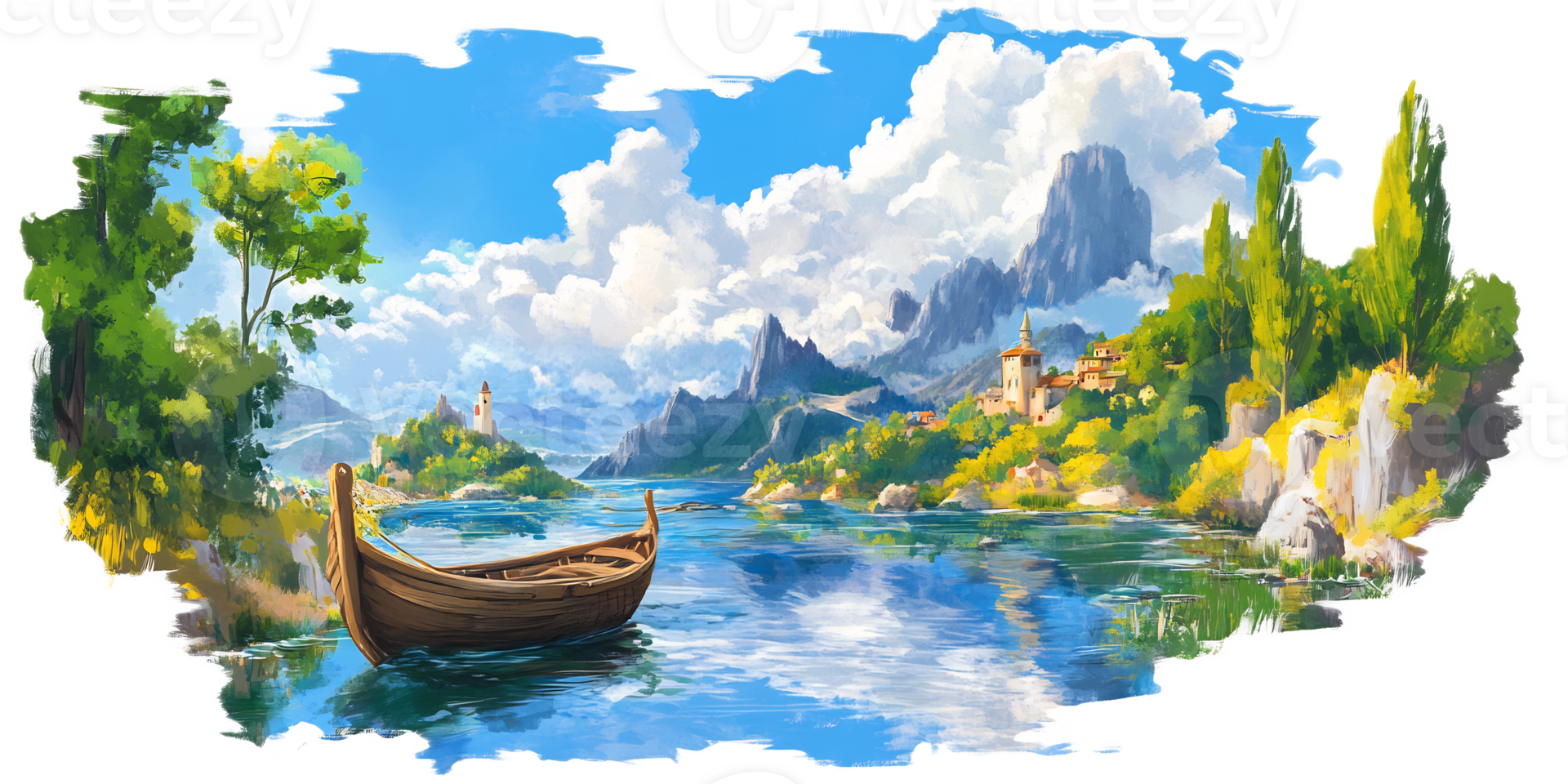 Tranquil Boat Journey Through a Serene Mountainous Landscape png