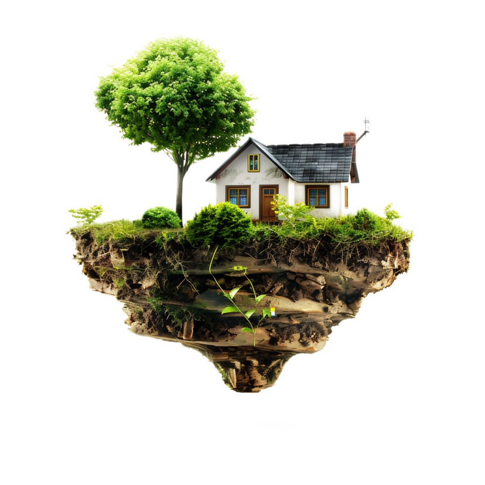 Whimsical Floating Island House Suspended Above Lush Greenery Landscape png