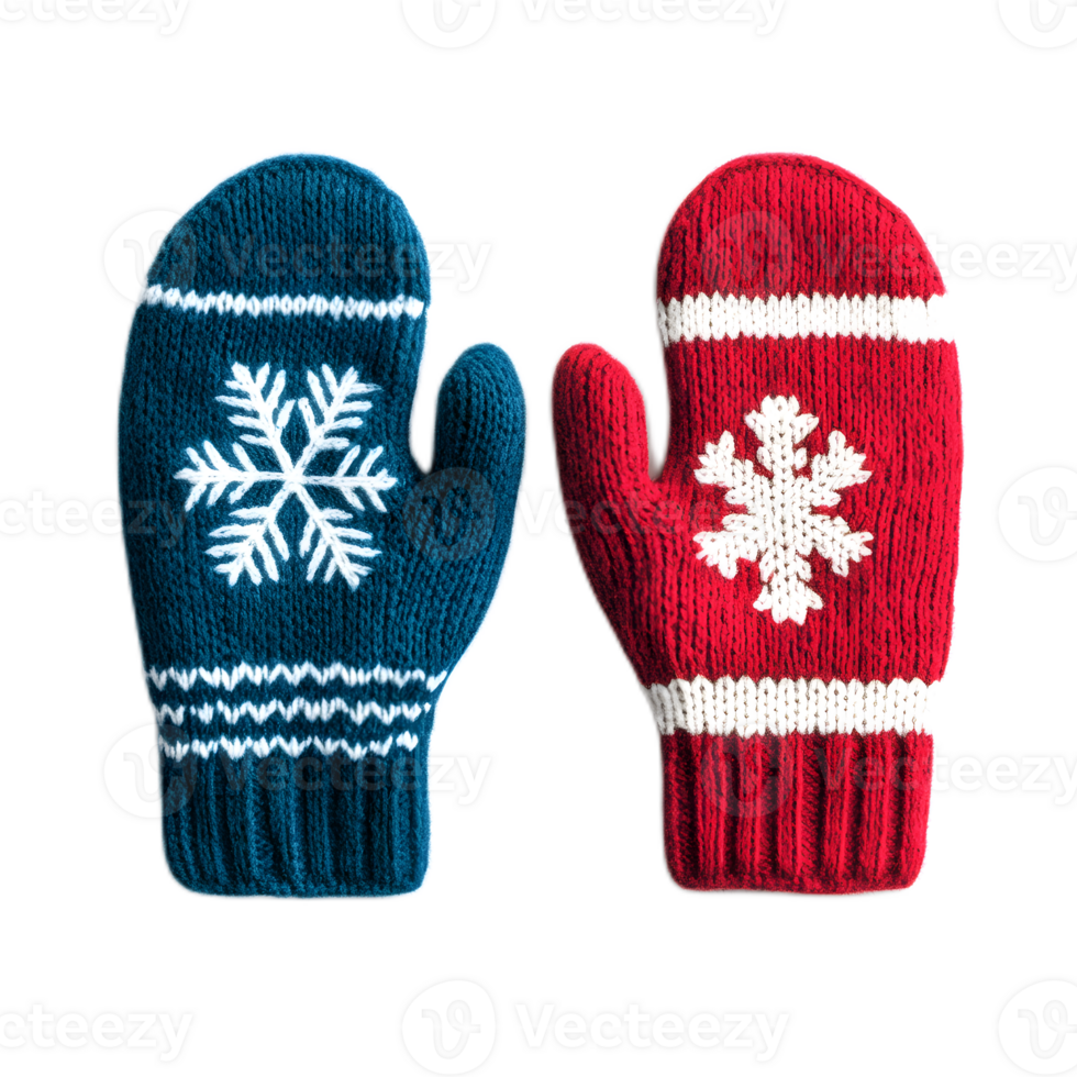 Pair of Cozy Knitted Snowflake Pattern Winter Mittens on Transparent Background png