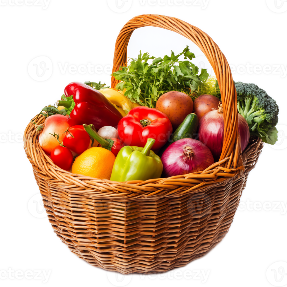 Wicker Basket Filled with a Vibrant Assortment of Fresh Organic Fruits and Vegetables for Healthy Cooking and Lifestyle png