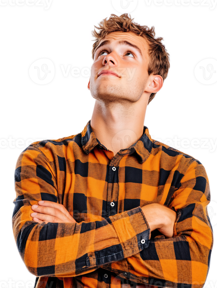 Young Man with Curly Hair Looking Up in Thoughtful Contemplation png