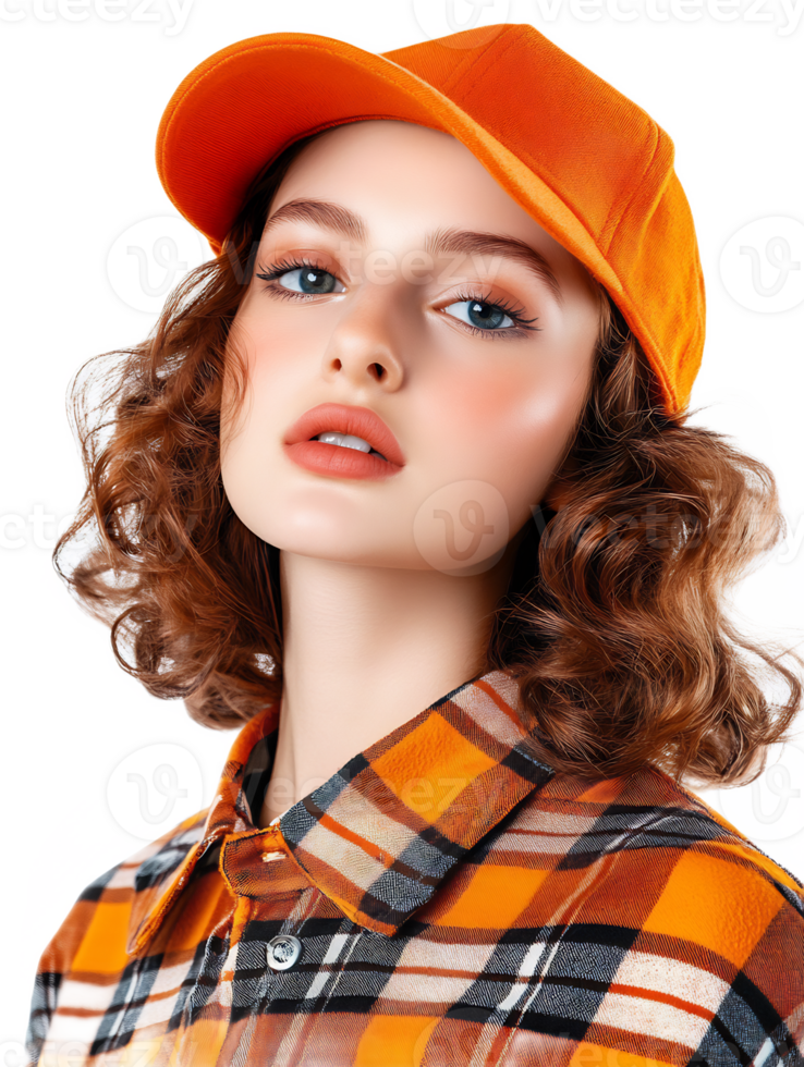 Vibrant Portrait of Confident Woman in Orange Hat and Plaid Shirt png