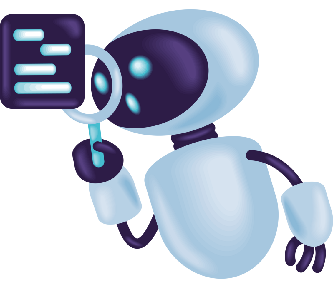 robot character holding magnifying glass png