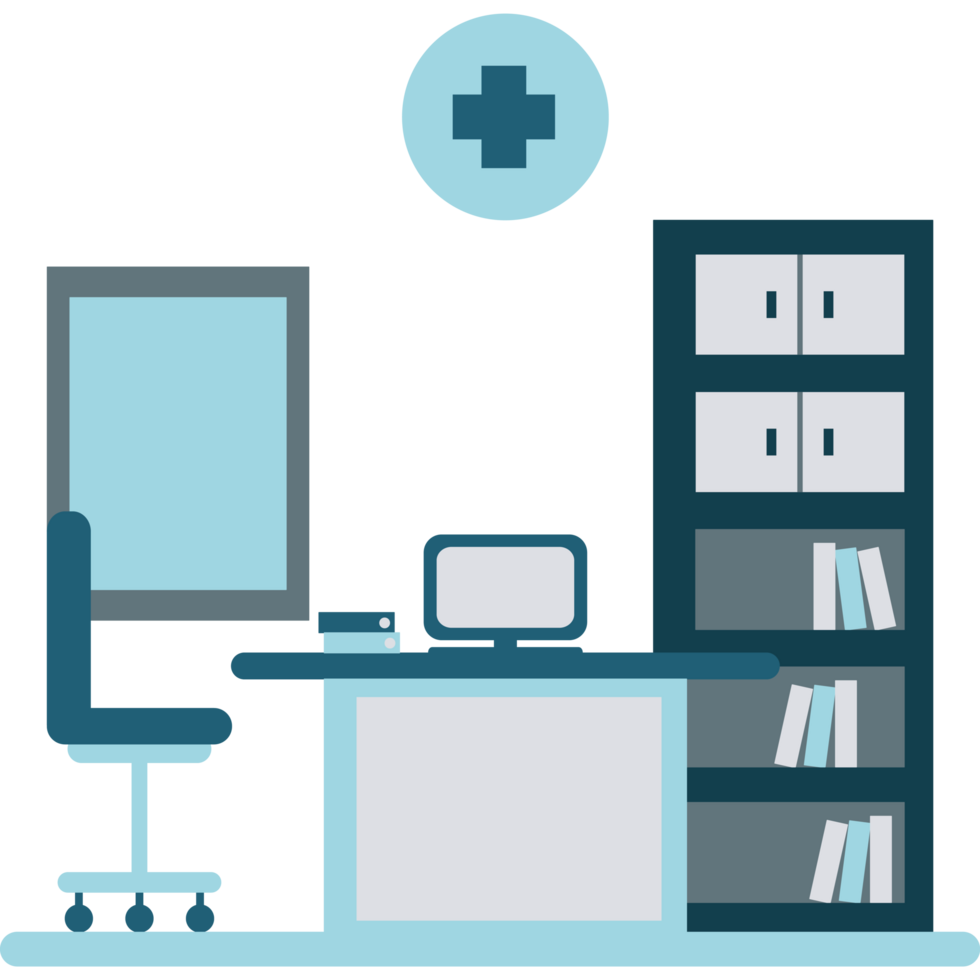Doctor room with desk and shelves icon png