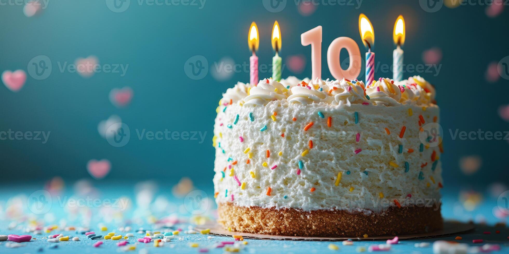 Celebrate milestone with a decorated birthday cake featuring candles and colorful sprinkles for a 10th birthday party photo
