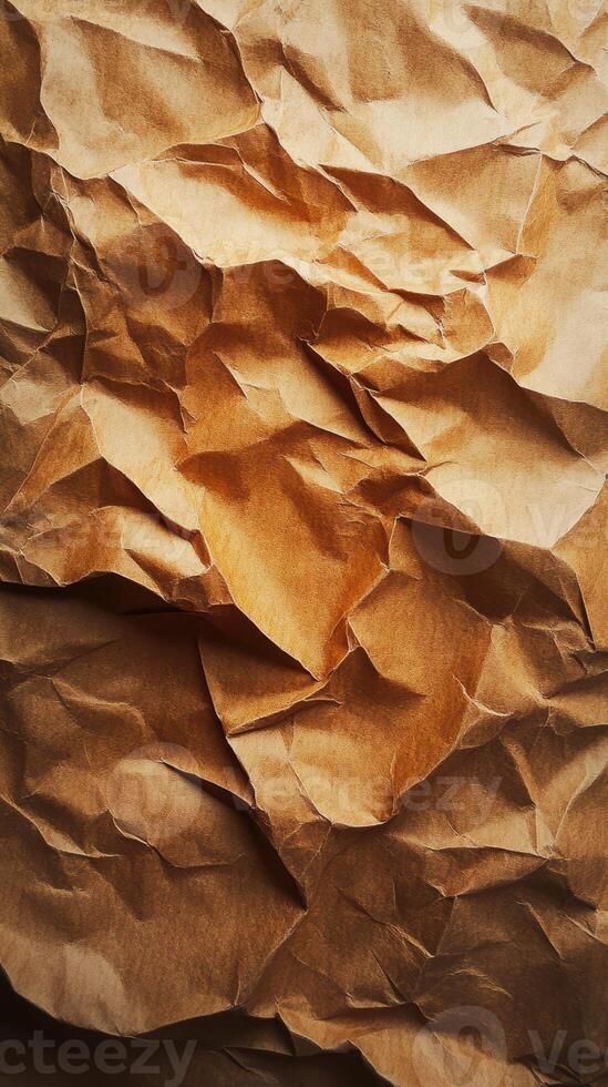 Crumpled brown paper texture showcasing intricate patterns and tones in ambient lighting photo