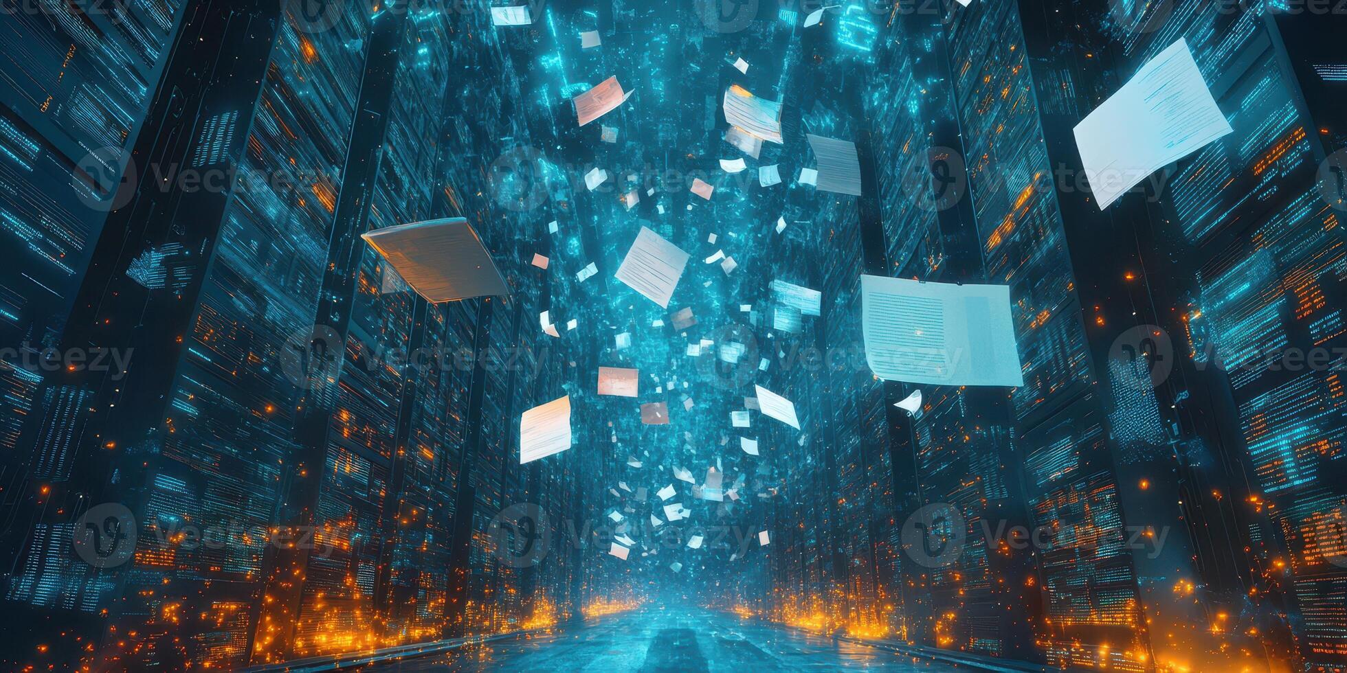 Digital data flow through a futuristic data center with floating documents and glowing lights photo