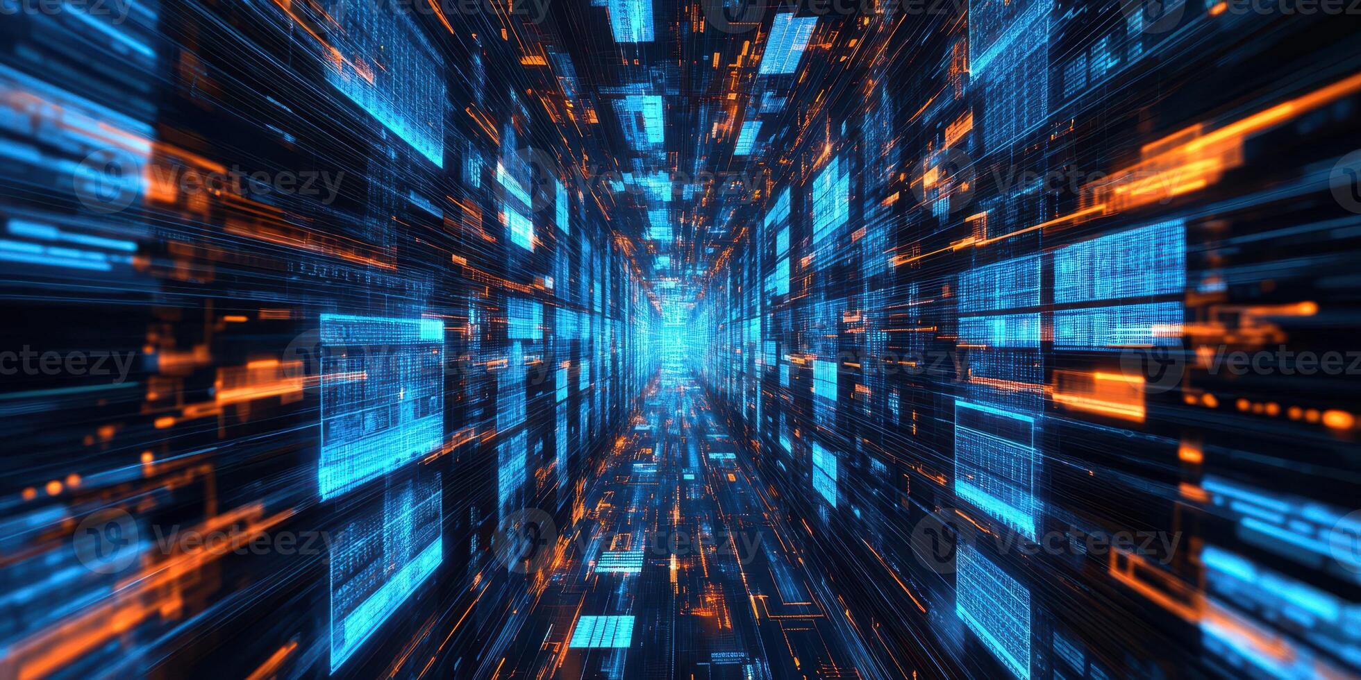Dynamic abstract representation of data flow in a digital environment with vibrant hues at night photo