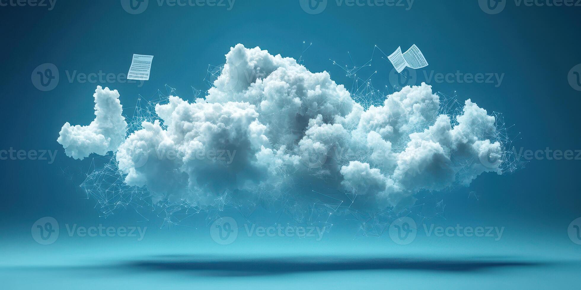 Creative digital cloud with floating documents and abstract elements in a blue backdrop photo