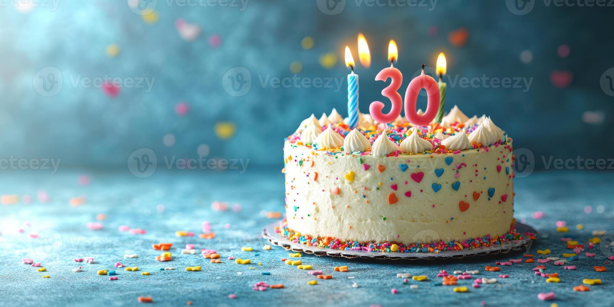 Celebration of a 30th birthday with a colorful cake adorned with candles and sprinkles photo